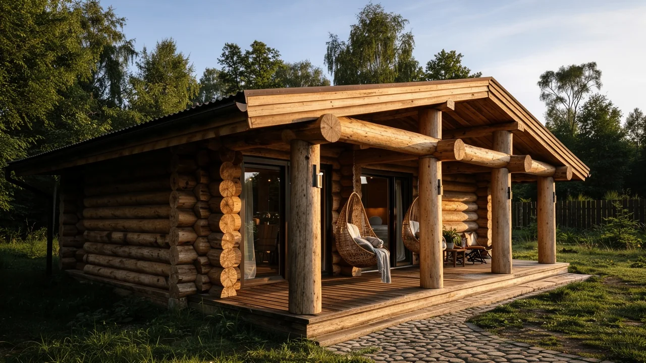 Компактный дом 78,7 м², фасад с большой террасой