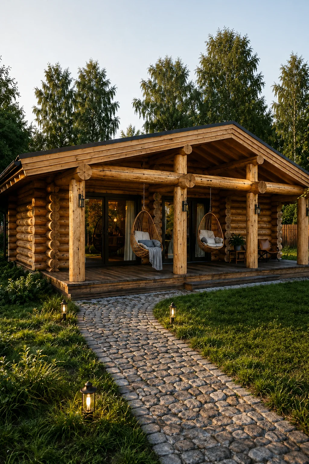 Компактный дом 78,7 м², вечерний фасад и терраса