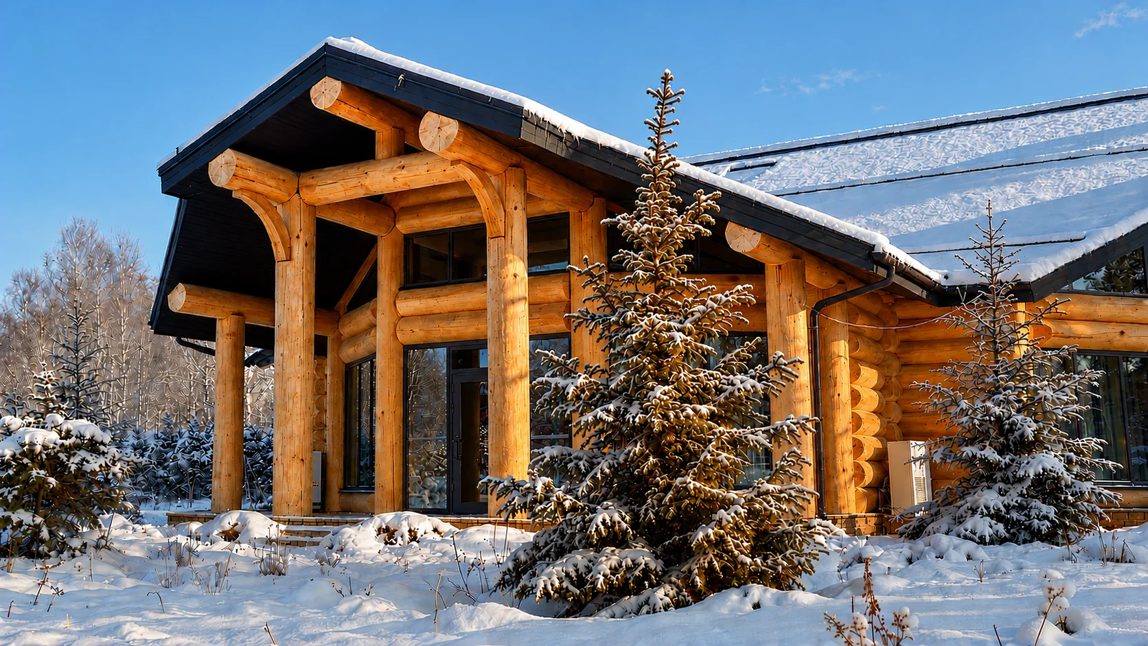 Резиденция 337 м², зимний фасад Post & Beam