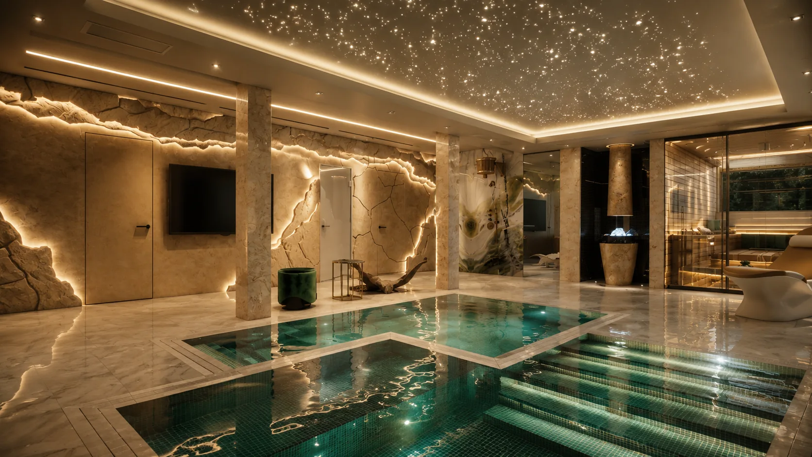 Просторная SPA-зона с бассейном, мягким светом и каменной отделкой